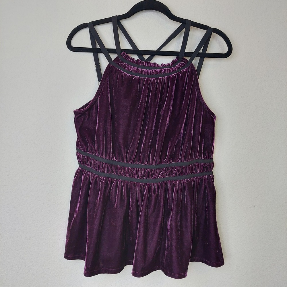 Women's Purple‎ Velvet Halter Top Multi Strap Peplum Blouse Large Plum